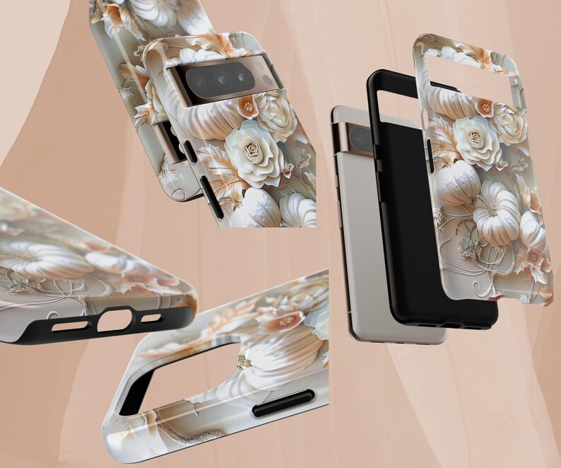 May include: Phone cases with a floral design. The cases feature a pattern of white roses and other flowers on a light beige background. The cases have black edges and cutouts for the camera and other phone features.