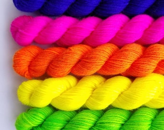 NEON Mini Skein Set hand-dyed merino nylon sock yarn black light reactive GLOWS under UV light