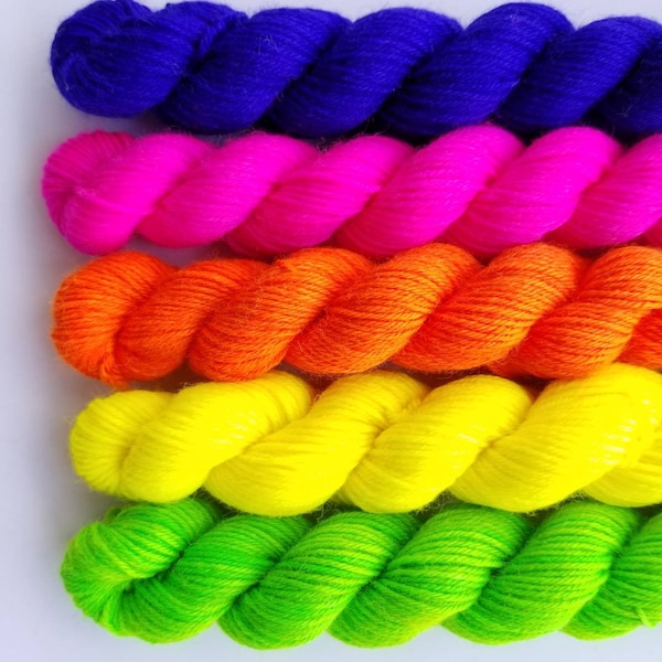 NEON Mini Skein Set hand-dyed merino nylon sock yarn black light reactive GLOWS under UV light