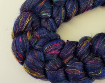 Silk Road Blend Spinning Fiber merino sari silk bamboo rayon top roving INDIGO DREAM 4oz