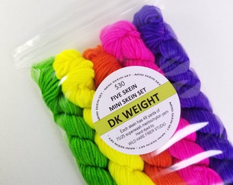DK weight NEON Mini Skein Set hand-dyed merino nylon yarn black light reactive glows under UV blacklight