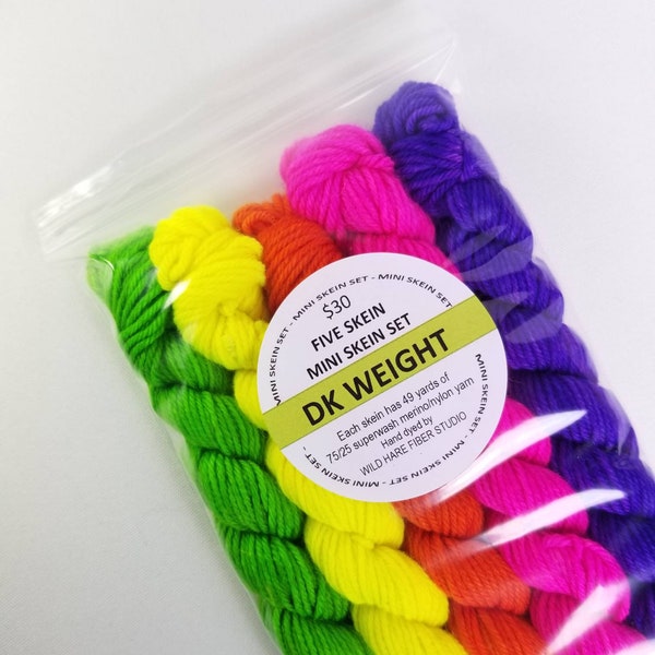 DK weight NEON Mini Skein Set hand-dyed merino nylon yarn black light reactive glows under UV blacklight