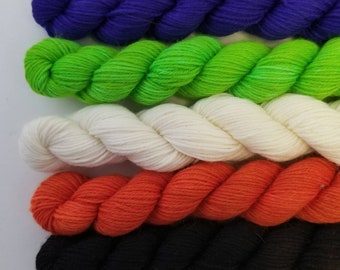 Mini Skein Set hand-dyed merino nylon sock yarn HALLOWEEN some colors black light reactive -  GLOW under UV light