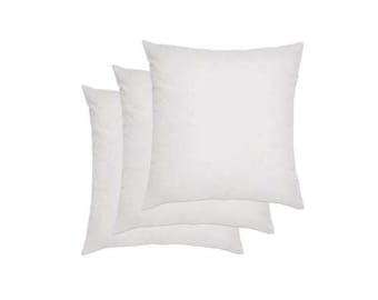 May include: Three white pillow inserts, stacked on top of each other. The pillows are square and have a smooth, white fabric cover.