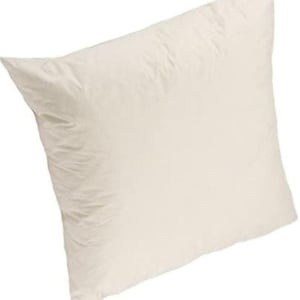 May include: A square, off-white pillow insert with a smooth, plain fabric casing. The pillow has a soft, slightly wrinkled texture and is shown from an angled perspective, highlighting its simple, unadorned design and neutral color tone.