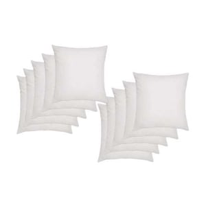 May include: A set of ten white square cushion pads. The cushions are arranged in two stacks of five.