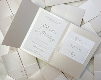 Modern wedding invitations with pocket | Champagne gold, beige, silver, white | Minimalist wedding invitation, luxury wedding