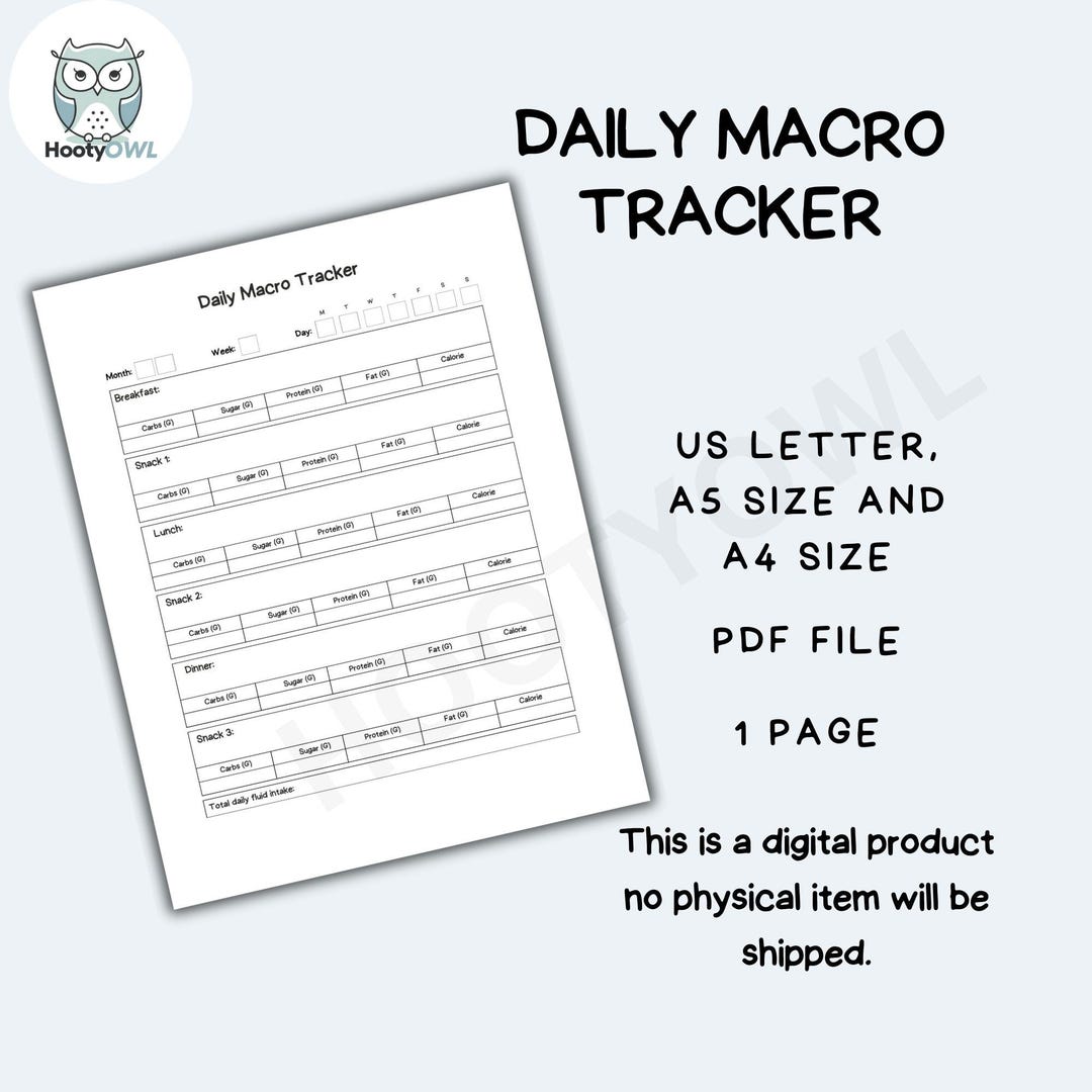 Daily Macro Tracker, Printable Macronutrient Log, Food Macro Tracker ...