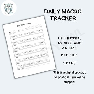 Registro diario de macronutrientes (PDF) / Registro de macronutrientes imprimible y diario de alimentación para fitness (A4/A5/Carta EE. UU.)