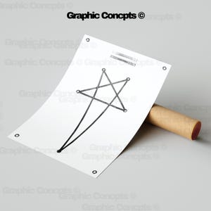 May include: A white poster with a black star design and the text "Graphic Concpts ©". The poster has a brown cardboard tube next to it. The star design is made of lines and circles.
