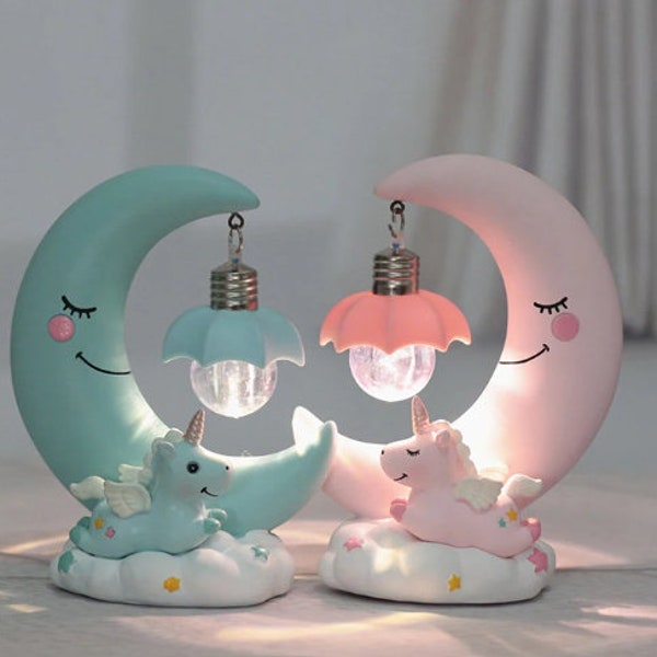 Led Nachtlampje Hars Maan Eenhoorn Cartoon Baby Lamp Romantische Slaapkamer Decor Voor Kinderen Kid Meisje Speelgoed.