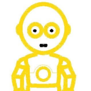 以下が含まれることがあります： 丸い頭と大きな目をした黄色のロボットの漫画イラスト。ロボットは胸に円形の模様のある黄色のスーツを着ています。