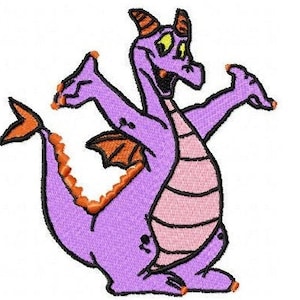 May include: Purple dragon cartoon character with orange wings and tail, smiling with its mouth open and arms outstretched.
