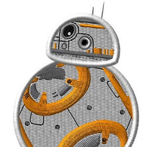 Op de afbeelding: Een geborduurde patch van een Star Wars droid, BB-8. De droid is rond met een koepelvormig hoofd en één oog. Hij is wit en oranje.