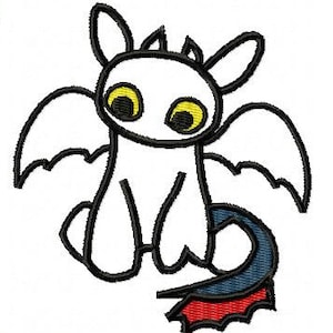 May include: A white cartoon dragon with black outlines, large yellow eyes, and a red and blue tail. The dragon is sitting with its wings spread out.