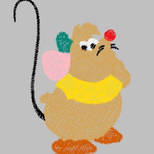 May include: A cartoon illustration of a brown mouse with a yellow shirt, pink ears, and a red nose. The mouse is wearing orange shoes and has a long black tail.