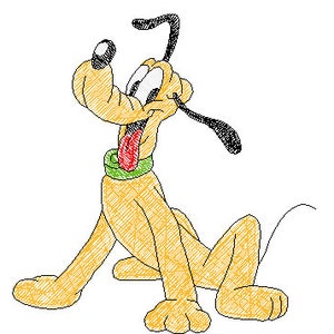 Könnte beinhalten: Eine Cartoon-Illustration von Pluto, einem gelben Hund mit schwarzen Ohren und einem langen, dünnen Schwanz. Er sitzt mit herausgestreckter Zunge und geneigtem Kopf.