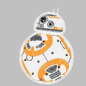 May include: A white and orange robot with a round body and a dome-shaped head. The robot has a single antenna on top of its head and a series of small, round details on its body.