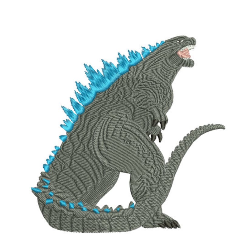 May include: Embroidered patch of a gray Godzilla with a blue dorsal fin, standing on a white background.