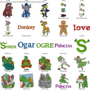 Könnte beinhalten: Ein Set mit 17 Stickmustern mit Figuren aus dem Shrek-Film-Franchise. Die Designs beinhalten Shrek, Fiona, Esel, Gänseblümchen und Lebkuchenmann. Die Designs sind in verschiedenen Farben gehalten und perfekt für Stickprojekte.