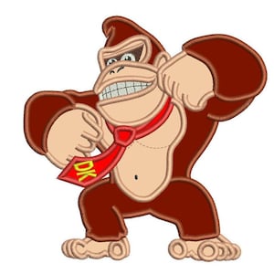 May include: A brown cartoon gorilla with a red tie and the letters "DK" on the tie. The gorilla is wearing a mischievous expression and is holding the tie with both hands.