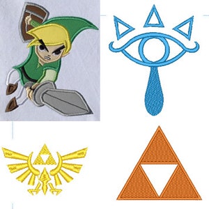 May include: Four embroidered patches featuring characters and symbols from the Legend of Zelda video game series. The patches include a green-clad Link character, a blue Triforce of Wisdom symbol, a gold Triforce of Power symbol, and an orange Triforce of Courage symbol.