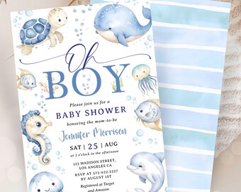 Under the Sea Baby Shower Invitation Boy, Blue Ocean Animals Sea Life Creatures, Ocean Themed, Editable Template (Digital Download)