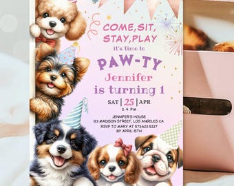 Dog Puppy Birthday Invitation Girl: Pawty Theme Party Editable Template, Digital Download