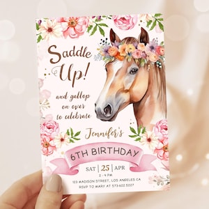 EDITABLE Horse Birthday Invitation Girl,Saddle Up Horse Invite,Cowgirl Party Invitation,Pink Floral Horse Invite,Printable Download BKI93