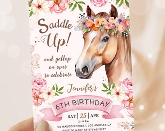 Horse Birthday Invitation Girl: Cowgirl Pony Party, Saddle Up Theme Editable Template, Digital Download
