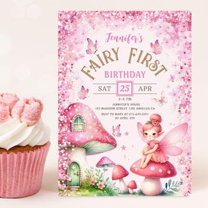 EDITABLE Fairy First Birthday Invitation Girl,Magical Enchanted Party,Pink Fairy 1st Birthday Invite,Digital Template,Instant Download BKI52