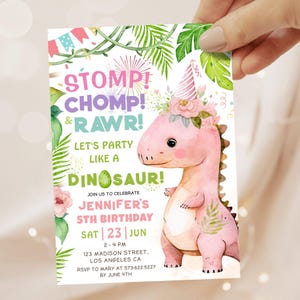 EDITABLE Dinosaur Birthday Invitation Girl Dino Birthday Invite, Cute Pink Dinosaur T-Rex Digital Template, Printable Instant Download BKI27