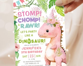 Dinosaur Birthday Invitation Girl: Pink T-Rex, Rawr Dino Theme Party Editable Template, Digital Download