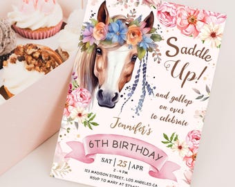 Horse Birthday Invitation Girl: Saddle Up Theme, Pony Party Editable Template, Digital Download