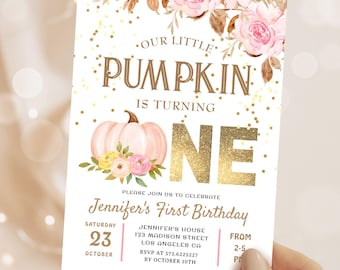 Invitación de calabaza para primer cumpleaños: Plantilla editable con temática de otoño, rosa y dorado, descarga digital