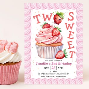 EDITABLE Two Sweet Strawberry Birthday Invitation,Berry Sweet Invite,Pink Girl 2nd Birthday Party,Printable Template,Instant Download BKI86