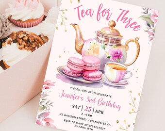 Tee-Party Einladung: Rosa Blumen 3. Geburtstagsfeier bearbeitbare Vorlage, digitaler Download