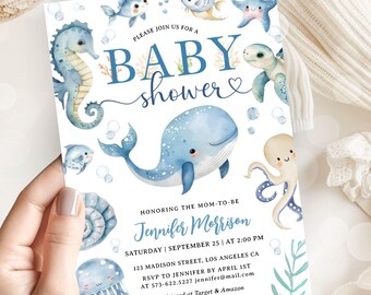 Under the Sea Baby Shower Invitation Boy, Blue Ocean Animals Sea Theme, Editable Template (Digital Download)