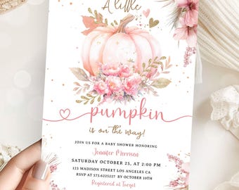 May include: A baby shower invitation featuring a watercolor illustration of a pink pumpkin with floral accents. The text reads "A little pumpkin is on the way!" and includes event details. The design is soft and feminine.