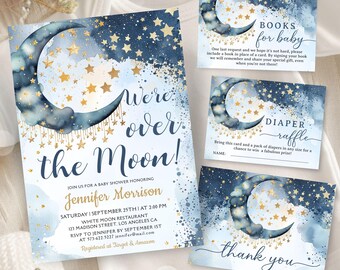 Over The Moon Baby Shower Invitation Set Boy, Blue Moon and Stars Celestial Themed Invite Bundle, Editable Template (Digital Download)