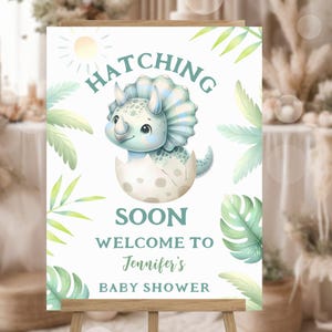Cartello di benvenuto per baby shower con dinosauri MODIFICABILE, poster per baby shower con schiusa imminente, modello stampabile a tema dinosauro per bambini, download immediato BSI33