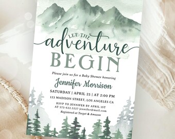 Let The Adveture Begin Baby Shower Forest Mountain Theme, Green Gender Neutral, Editable Template (Digital Download)