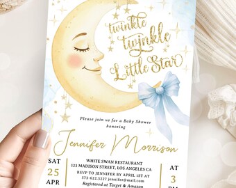 Twinkle Little Star Baby Shower Invitation Boy, Blue Stars Sleepy Moon Themed, Editable Template (Digital Download)