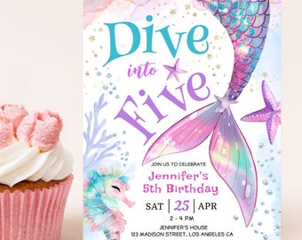 Mermaid 5th Birthday Invitation: Dive Into Five, Under the Sea Party Editable Template,Digital Download