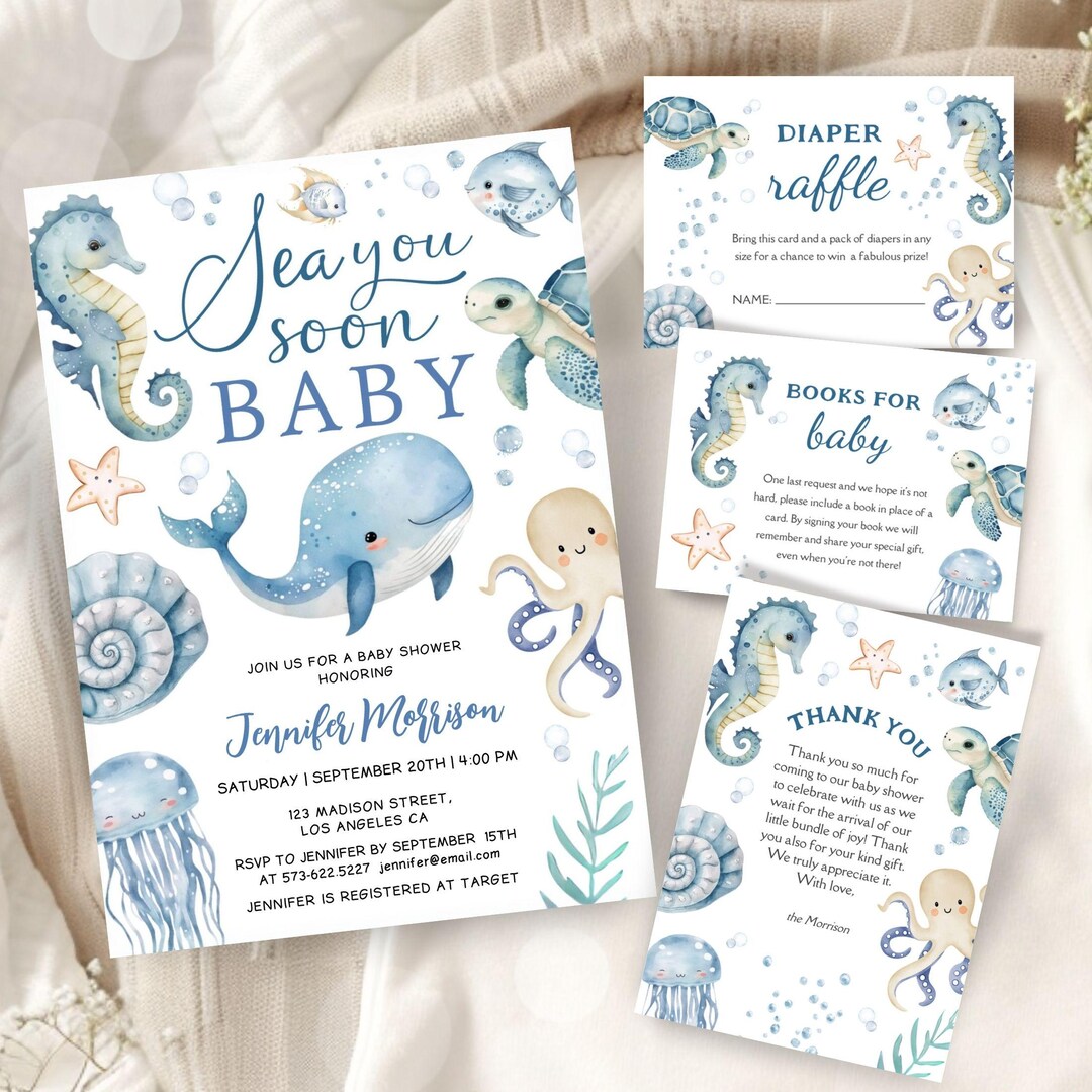 Sea You Soon Baby Shower Invitation Set Bundle, Boy Blue Ocean Theme ...
