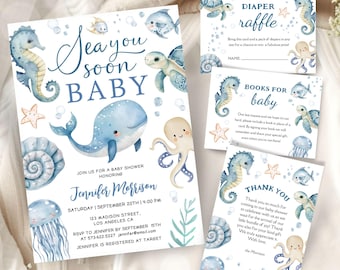 Sea You Soon Baby Shower Invitation Set Bundle, Boy Blue Ocean Theme Editable Template (Digital Download)