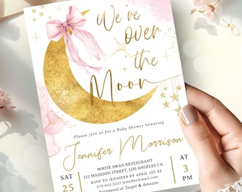 Over The Moon Baby Shower Invitation Girl, Pink Gold Twinkle Stars, Editable Template (Digital Download)