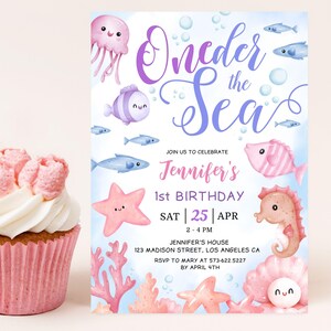 Oneder the Sea Birthday Invitation: Pink Ocean Theme Party Editable Template, Digital Download