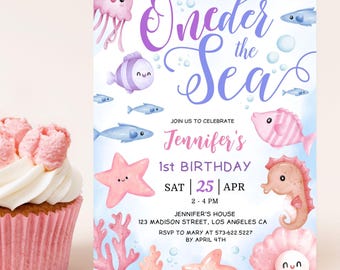 Oneder the Sea Birthday Invitation: Pink Ocean Theme Party Editable Template, Digital Download