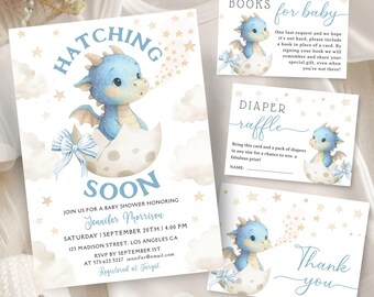 Dragon Baby Shower Invitation Set Boy, Blue Hatching Soon Theme, Editable Template (Digital Download)